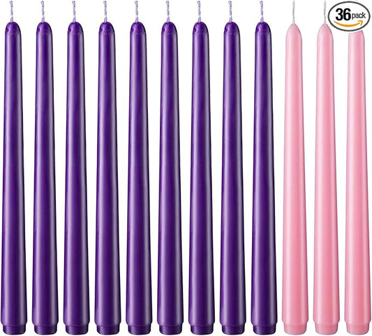 Hausware 36 Pack Taper Candles,27 Purple and 9 Pink,8 Hour Burn Time,Unscented Dripless and Smokeless,10 inch Elegant Premium Quality Dinner Candle for Home Décor,Wedding,Party Candlesticks