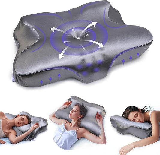 Pain Relief Cooling Pillow for Neck Support Adjustable Cervical Pillow Side Sleeping Memory Foam with Super Soft and Cooling Satin Pillowcase Grey