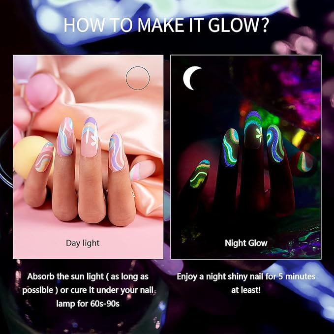 RARJSM Glow in The Dark Nail Art Gel Liner 12 Soft Pastel Colors Neon Green Blue Purple Pink Painting Luminous Polish Set UV LED Curing Requires Thin Brush for Swirl Nails Design