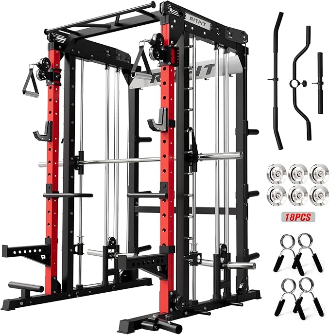 RitFit M2 PRO-3D Smith Machine with Weight Stack, 3D Functional Trainer & Power Cage, 308.6lbs Stack, 16 Adjustment Holes, 6 Storage Pegs for Full-Body Home Gym
