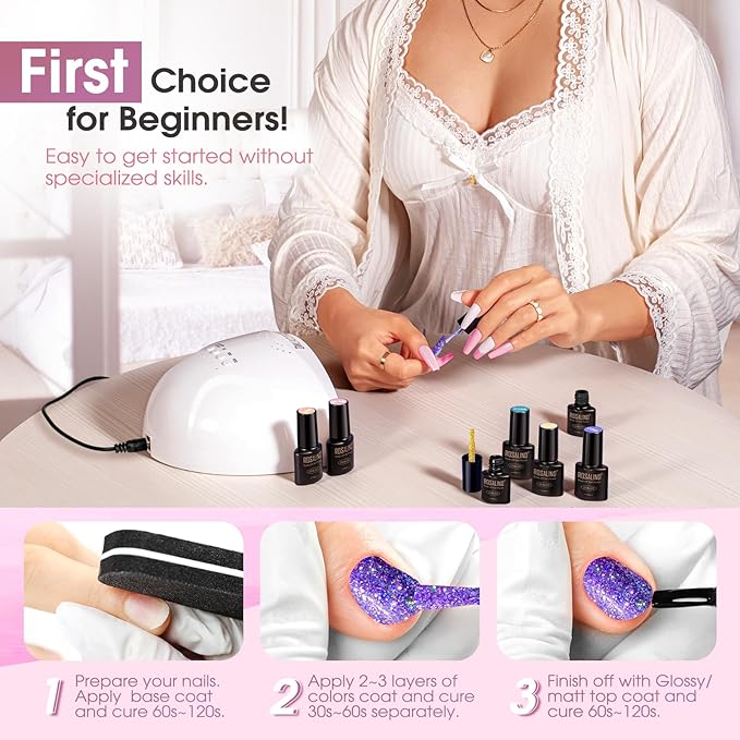 ROSALIND Glitter Gel Polish - 12 Colors Silver Gold Glitter Gel Nail Polish Set Sparkle Diamond Effect Soak Off UV Set Sparkling Glod Shimmer Nail Art Collection Manicure Gift for Women