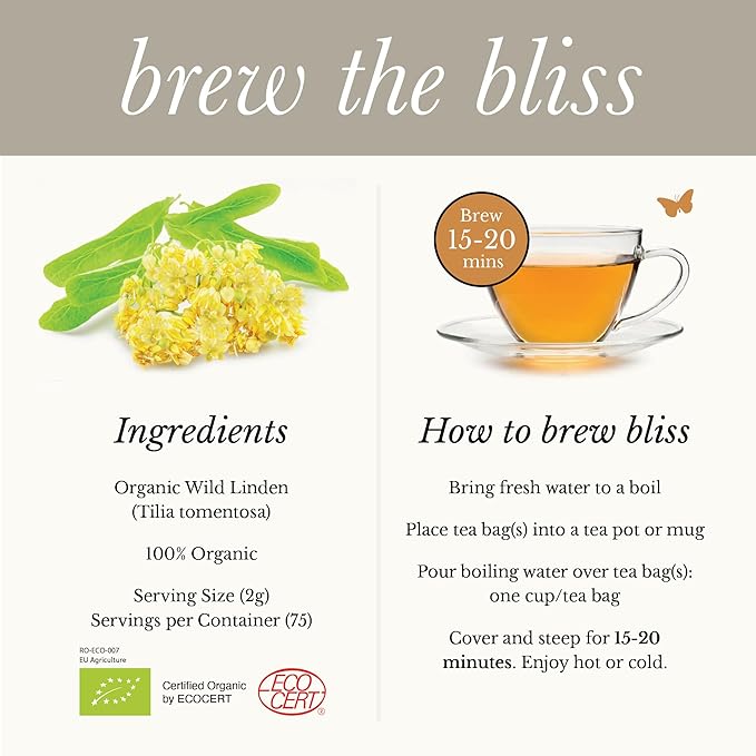 Wild Bliss Organic Linden Flower Tea - Caffeine Free Calming Herbal Tea - 75 Plant Based Tea Bags