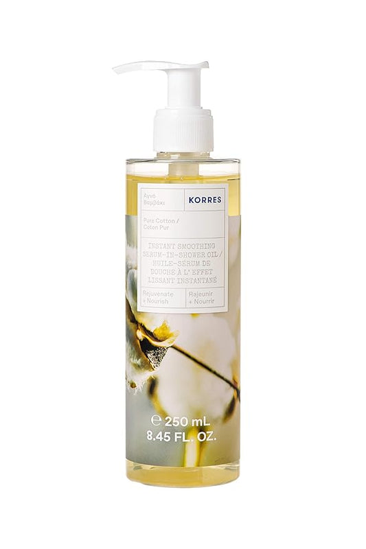 KORRES Instant Smoothing Serum Shower Oil, Lightweight Hydrating Body Oil for Men and Women, Daily After Shower Skin Care for Dry & Rough Skin, Nourishing Botanicals with Pure Cotton Scent, 8.45 Fl Oz