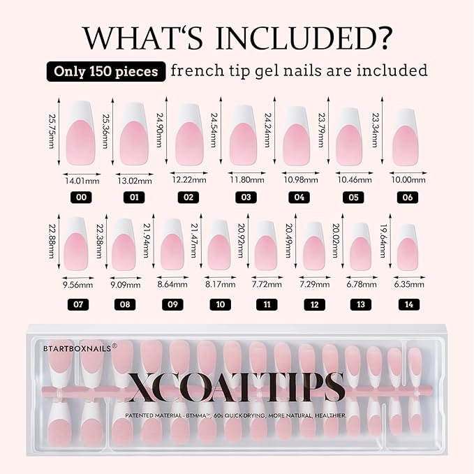 BTArtboxnails False Nail Tips - French Tip Press on Nails Pink Medium Coffin XCOATTIPS, No Need to File Fake Nails for Nail Art DIY