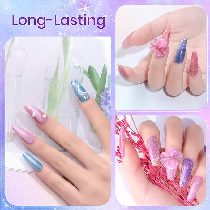 Rainbow Cat Eye Nail Gel Polish Set, Sparkle Holographic 9D Cateye Nail Polish Gels Magnetic Gel Soak Off Lamp Gels Varnish Nail Salon Kit (0.24fl oz)