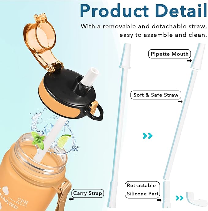 Enerbone Water Bottle, Leakproof BPA & Toxic Free, Motivational Water Bottle with Times to Drink and Straw, Fitness Sports Water Bottle with Strap for Office, Gym, Outdoor Sports