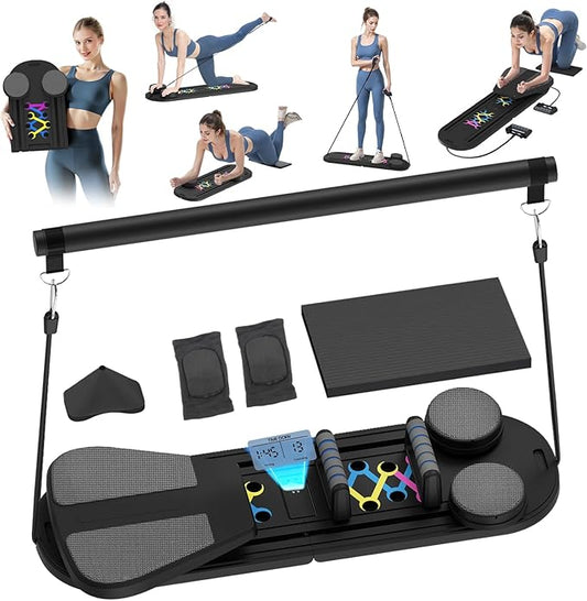 Pilates Board, Foldable Pilates Reformer Set with Timer, 8-in-1 Multi-Purpose Portable Pilates Machine for Home Workout, Pilates Reformer Kit for Full Body Workout, Abs Trainer, Core Strength