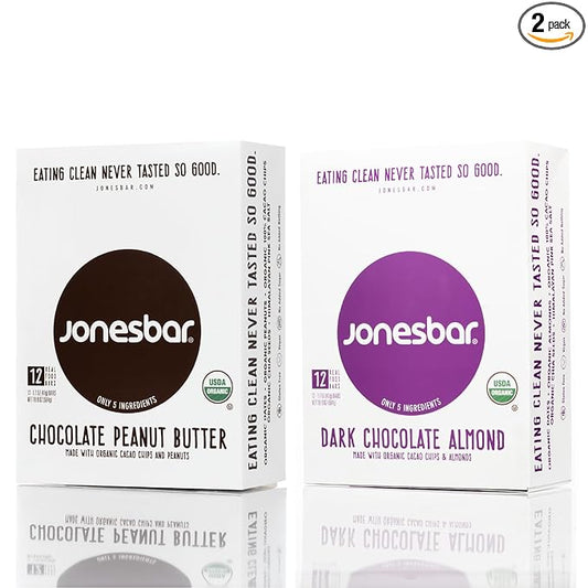 JONESBAR (Chocolate Lovers, 24 Bars (2 Boxes)) USDA Organic Fruit & Nut Bar, Non-GMO, Kosher, Vegan, Gluten Free, Simple Snack Bar