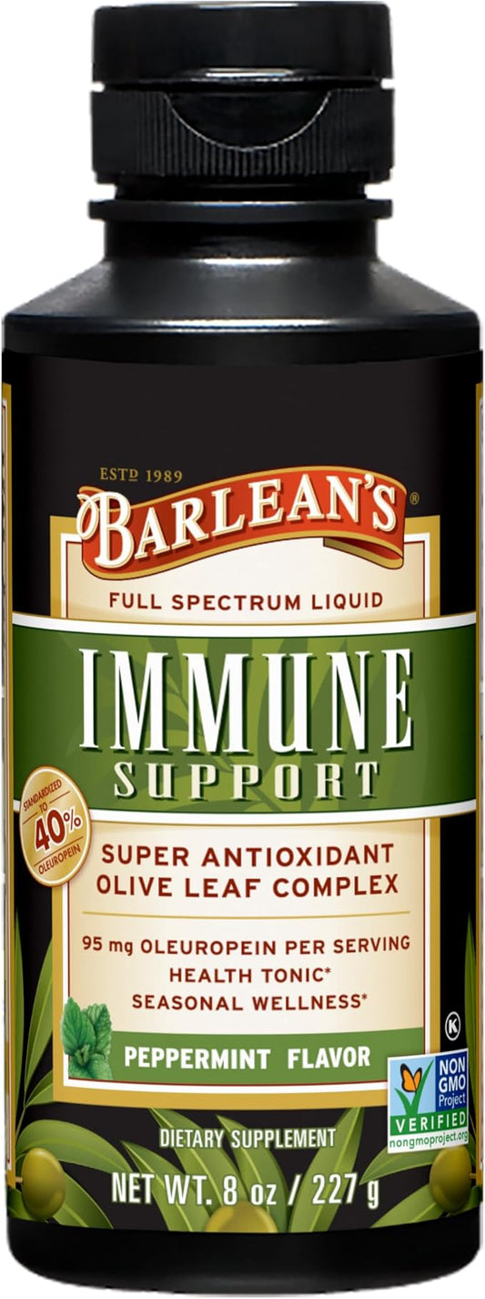 Barlean's Peppermint Olive Leaf Complex Liquid Immune Support Supplement, 95mg Oleuropein Antioxidants, 8 oz