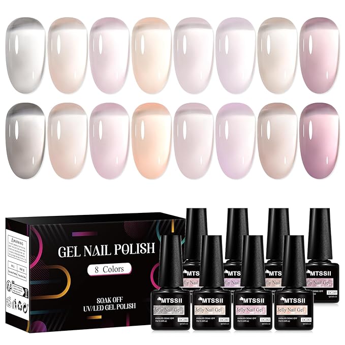 MTSSII Jelly Gel Nail Polish Set - Nude Gel Polish Kit - Milky Nude, Sheer Pink - UV Translucent - Grey - 8 Pcs