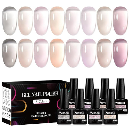 MTSSII Jelly Gel Nail Polish Set - Nude Gel Polish Kit - Milky Nude, Sheer Pink - UV Translucent - Grey - 8 Pcs