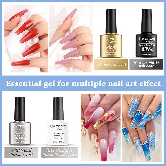 Lavender Violets 42 Pcs Gel Nail Polish Set, 36 Colors with 6 Bottles of Base Top Coat, Glossy Matte Diamond Shine Glow in the Dark Top Coat for Nail Art C950