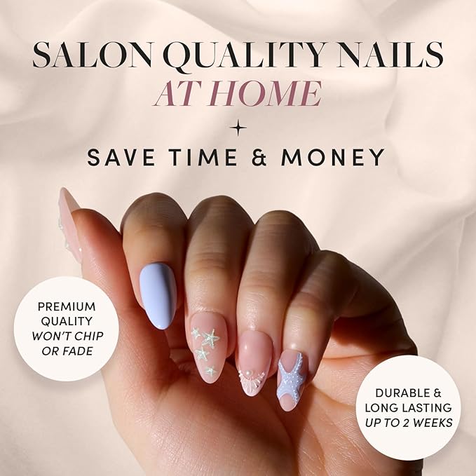 Glamnetic Press On Nails - Salty Waves | Short Almond Starfish Fake Nails with 3D Nail Art, Salon Quality Summer Nails | 15 Sizes - 30 Nail Kit with Glue