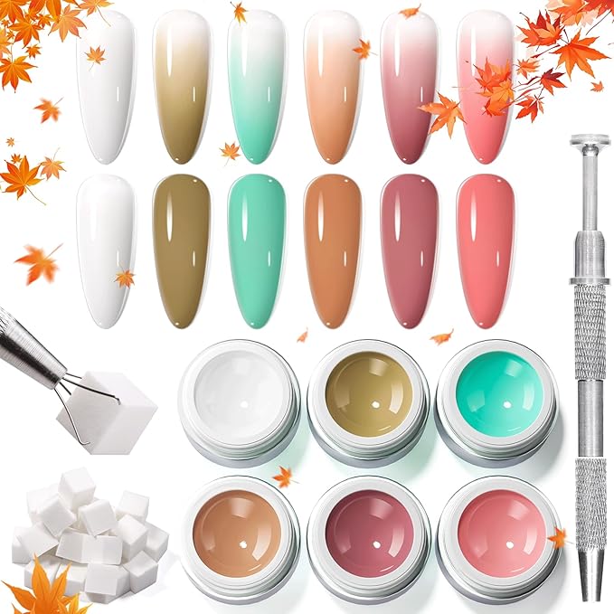 6 Colors Pat Painting Gel Polish Kit for Nails, Ombre Gradient Fall Winter Gel Nail Polish with 30PCS Sponge Applicators & Grabbing Pen,Nail Art for DIY French Manicure at Home