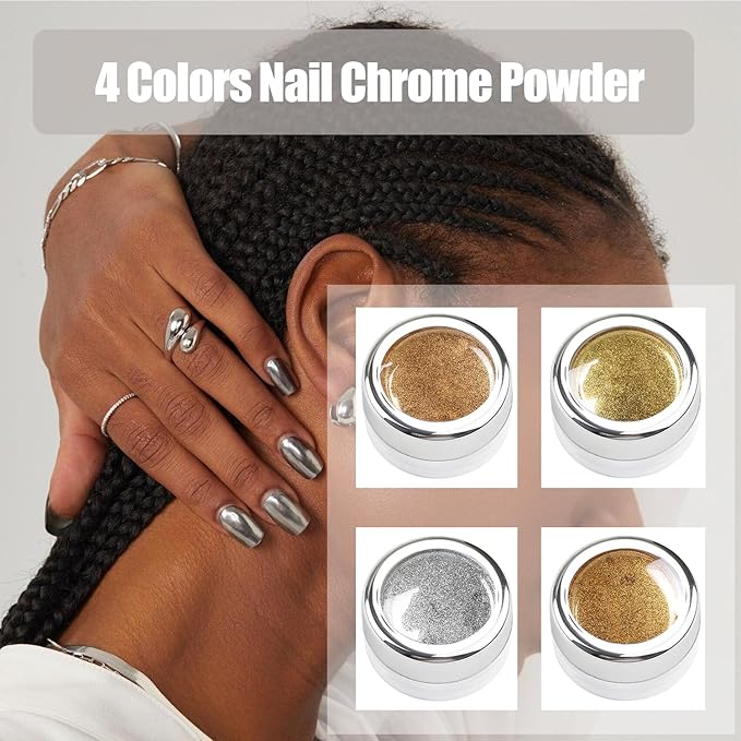 Chrome Nail Powder Gold Silver Champagne Copper 4 Colors Mirror Effect Metallic Chrome Powder for Nails, GZMAYUEN Metallic Nail Powder for Women Girls Gifts