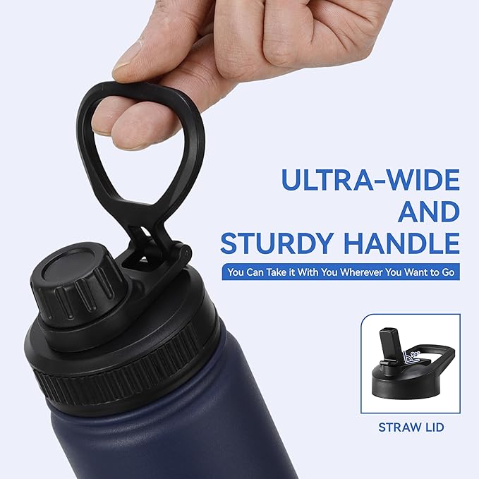 DOMICARE 16 oz Kids Water Bottle for School Stainless Steel Double Wall Vacuum Insulated Water Bottle with Straw lids & Spout Lid, Leakproof BPA Free (Navy,4)