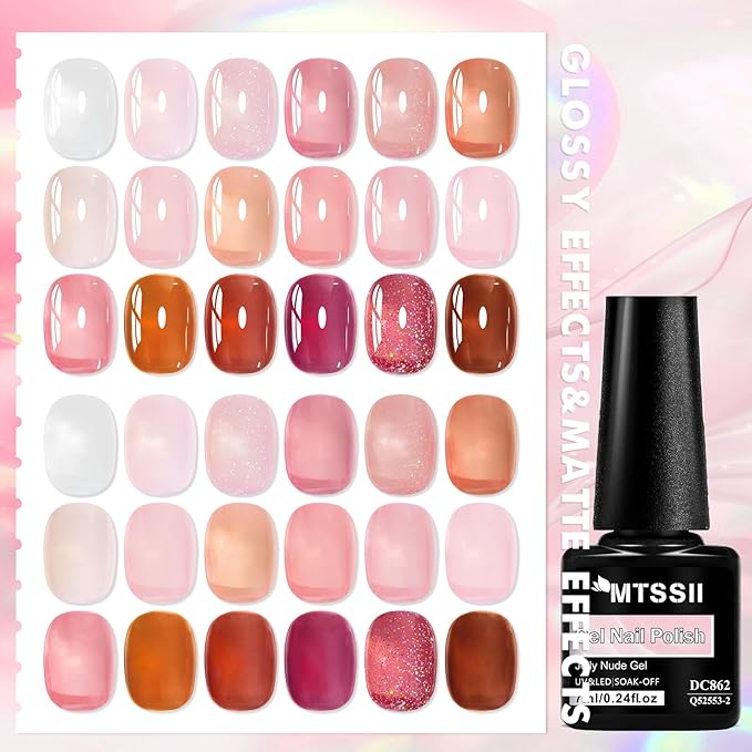 MTSSII 18 Pcs Jelly Gel Nail Polish Set, Pink Nude Sheer White Red Glitter Nail Polish Kit Translucent Soak Off UV Gel Long Lasting Suitable for Home and Salon