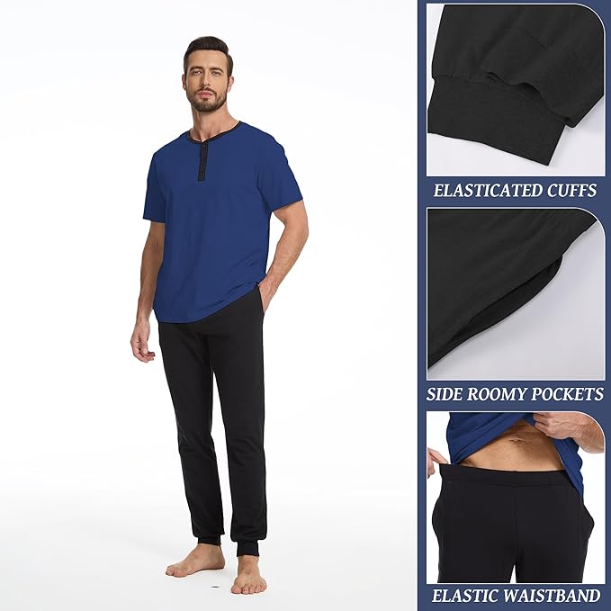 Men's Pajama Set with Henley Neckline 100% Cotton Soft and Comfortable Nightwear 2-Piece Lounge Set