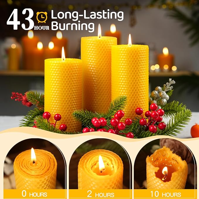 6 Pack Natural Beeswax Pillar Candles,2.8x6in Handmade Beeswax Rolled Candles,258 Hours Long Burning Honeycomb Bees Wax Candle for Gift & Home Decor,Dripless Smokeless Unscented