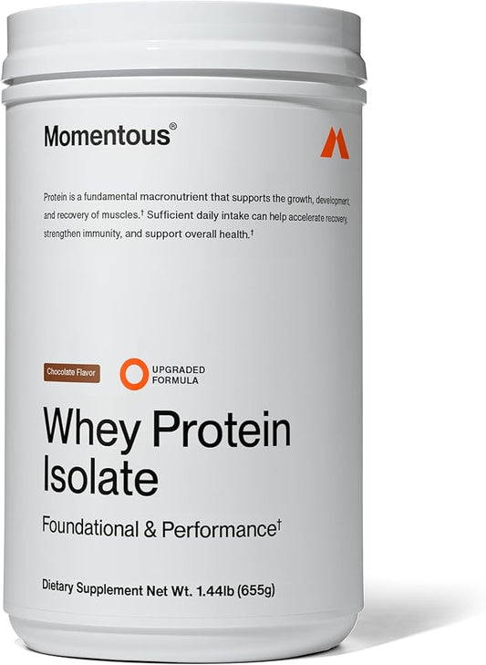 Momentous Essential Grass-Fed Whey Protein Powder - 20g Whey Isolate Protein - NSF Certified, Gluten-Free, 24 Servings for Essential Everyday Use, Chocolate (Package May Vary)