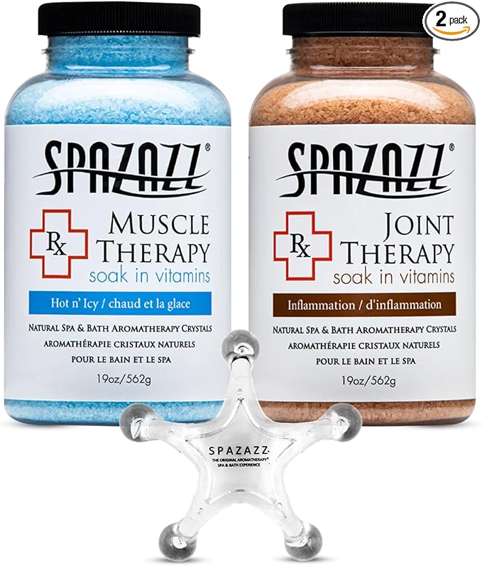 Spazazz Hot Tub Aromatherapy Spa and Bath Salts Crystals 2 Pack Bundle- One 19 Oz Jar Each Spazazz Muscle Therapy and Joint Therapy Plus a 5 Point Massager- Safe for All Spa and Hot Tub