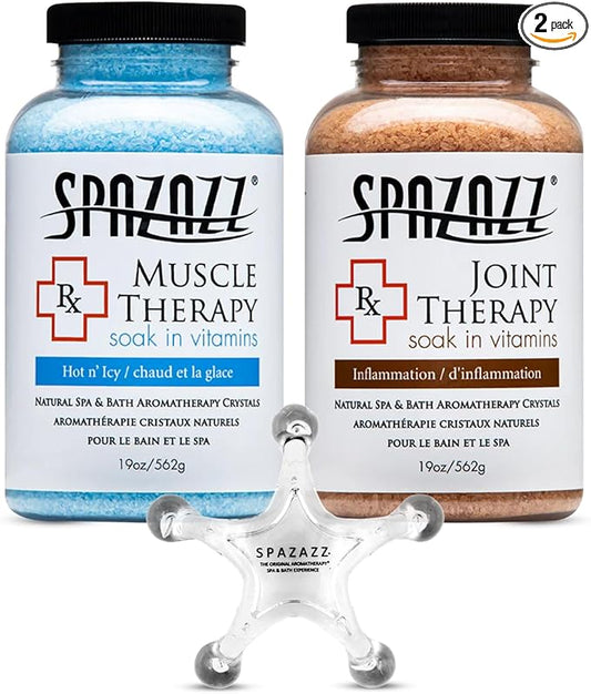Spazazz Hot Tub Aromatherapy Spa and Bath Salts Crystals 2 Pack Bundle- One 19 Oz Jar Each Spazazz Muscle Therapy and Joint Therapy Plus a 5 Point Massager- Safe for All Spa and Hot Tub
