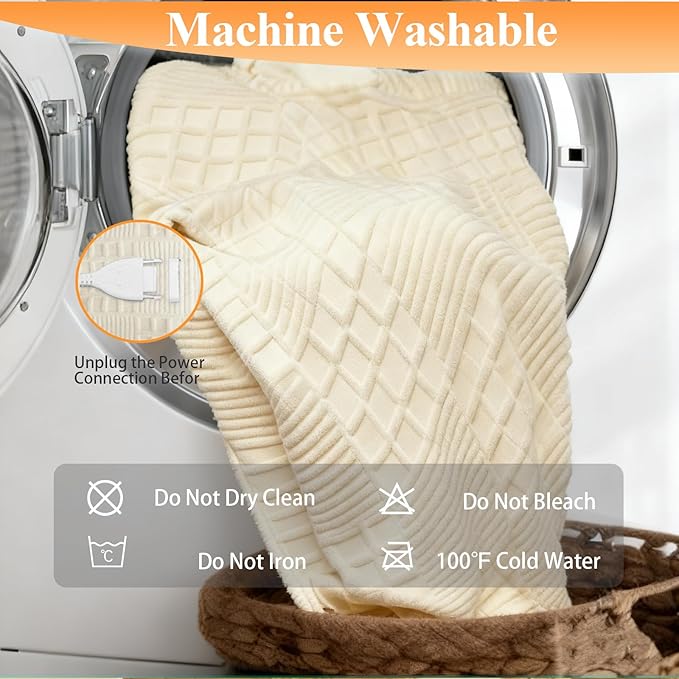 Heated Blanket Electric Throw, 50"X60" Heating Blanket with 12 Heat Levels, Fast Heating Blanket with 1-12 Timer Settings, Overheat Protection with ETL & FCC for Bed Home Office Sofa (Milky White)