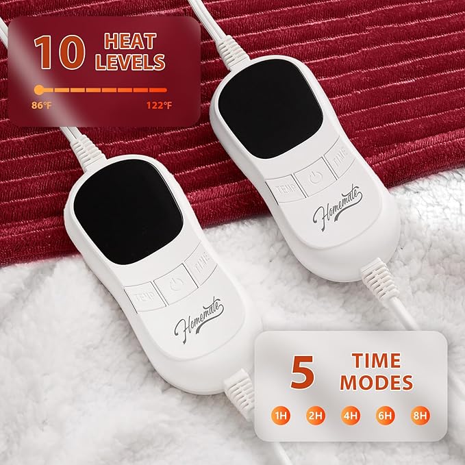 Homemate Electric Heated Blanket Queen Size - 84"x90" Heating Blanket Queen Size Dual Control 1/2/4/6/8 Hours Auto-Off 10 Heat Level Over-Heat Protection Soft Flannel Sherpa ETL Certification