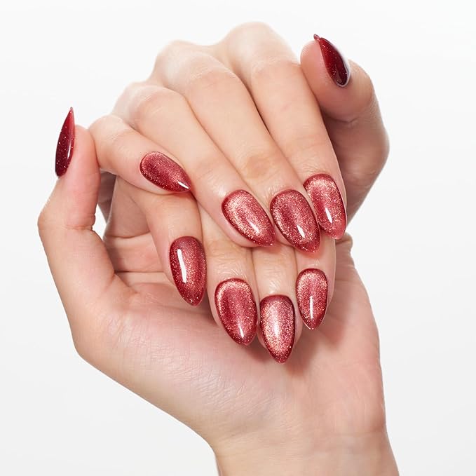 GLAMERMAID Bright Red Magnet Cat Eyes Press on Nails Short Almond, Amber Scarlet Handmade Gel Fake Nail Kit, Ombre Glitter Magnetic Glue on Nail Stiletto, Medium Oval Stick on False Nail Set for Women