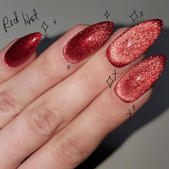 GLAMERMAID Red Magnet Cat Eyes Press on Nails Short Almond, Aurora Handmade Gel Fake Nail Kit, Ombre Rouge Glitter Magnetic Glue on Nail Stiletto, Scarlet Medium Oval Stick on False Nail Set for Women