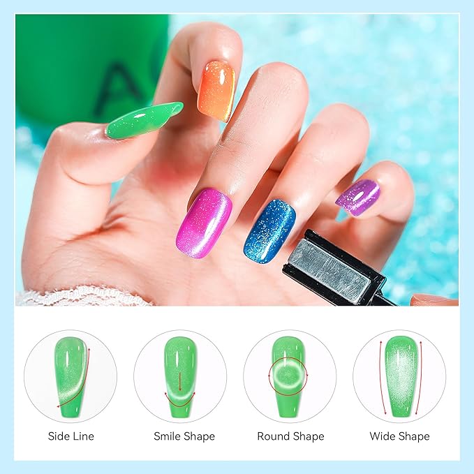 Glitter Cat Eye Gel Nail Polish 10 Colors Magnetic Gel Polish Kit with Magnet Stick Shimmery Glitter Colors Pink Yellow Blue Salon DIY Nail Art Salon Home Manicure Women