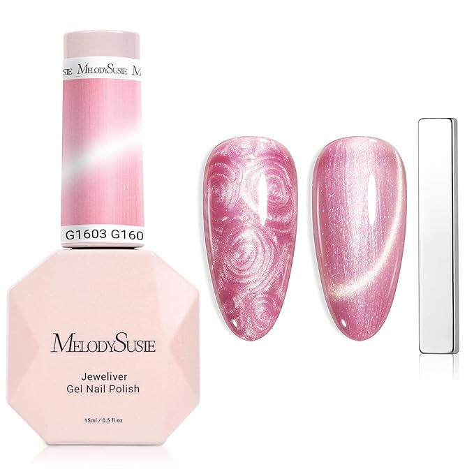 MelodySusie Pearl Cat Eye Gel Nail Polish, 0.5 Fl Oz Bubblegum Pink Glitter Holographic Magnetic Nail Polish with Magnet, UV Nail Polish for Nail Art Manicure Salon DIY at Home G1603