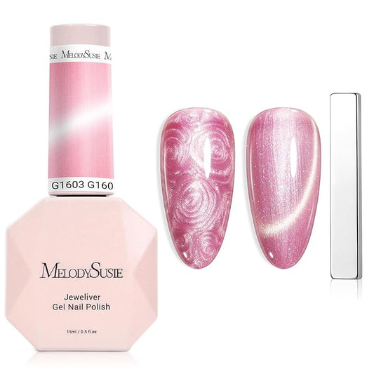 MelodySusie Pearl Cat Eye Gel Nail Polish, 0.5 Fl Oz Bubblegum Pink Glitter Holographic Magnetic Nail Polish with Magnet, UV Nail Polish for Nail Art Manicure Salon DIY at Home G1603