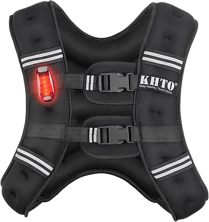 KHTO Weighted Vest Woman Men-5lbs/10lbs/15lbs/20lbs/25lbs/30lbs Weight Vest with Warning Light Reflective Strip for Workout, Strength Training, Running