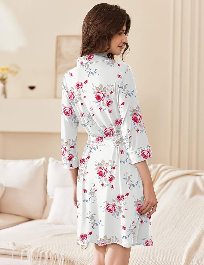Ekouaer Women Robes Shawl Collar Bathrobe Short Kimono Robe Soft Knit Bathrobes Ladies Sleepwear with Pockets S-XXL
