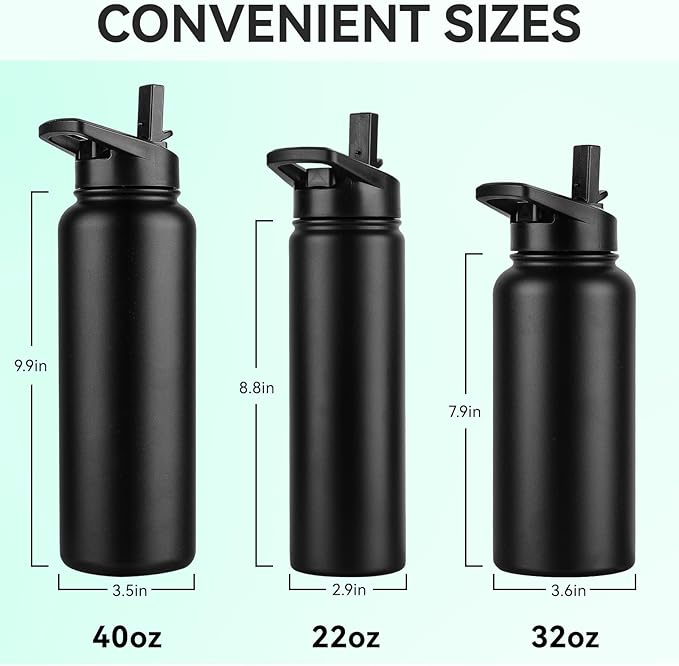 DOMICARE Insulated Water Bottle, 22 oz Vacuum Insulated Stainless Steel Reusable Sports Bottle with Straw Lid & Spout Lid for Travel, Camping, Bike, Leakproof, Black, 4 Pack