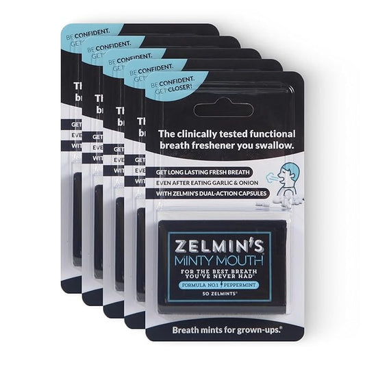 Zelmin's Minty Mouth Breath Freshener - (5 Pack) Long Lasting Bad Breath Treatment for Adults, Instant Freshness Helps with Dry Mouth, Natural Breath Mints for Travel, Alcohol-Free, Keto, Gluten-Free