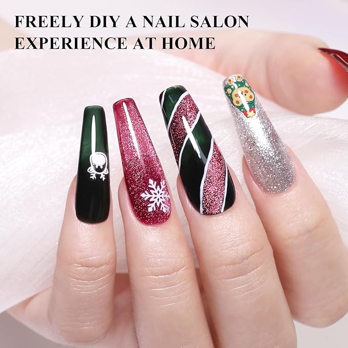 10ml Hema Free Gel Nail Polish Set, 6 Colors Cat Eye Christmas Red Jelly Dark Green Golden Silvery Color Glitter Shimmer Gel Polish Kit with Magnet Soak Off Manicure for DIY and Salon