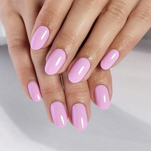 Pink Press on Nails Oval for Women Gift - Soft Gel Press on Nails Short with Glue, Fit Perfectly & Natural Glue on Nails in 16 Sizes - 32 Reusable Fake Nails, Pink