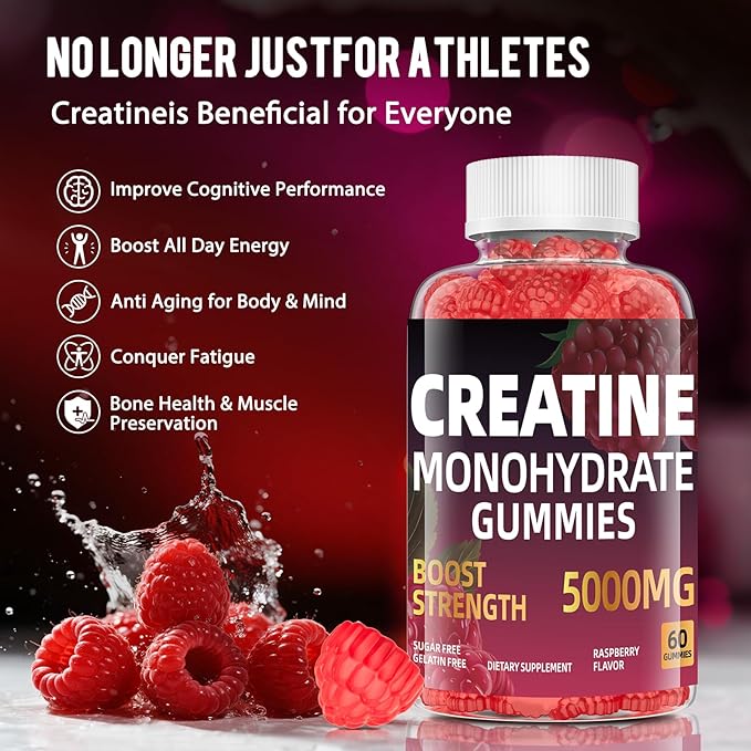 Creatine Monohydrate Gummies, Sugar Free & Gelatin Free, Raspberry Flavor, 60 Count Creatine Monohydrate Gummies for Men & Women, Muscle Growth, Strength & Energy Support