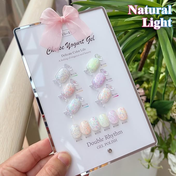 Double Rhythm 0.5 Oz Glitter Gel Polish Set of 6 Color with Display Borad 15 ml Full Size Kit Shimmer Reflective Sparkle Soak Off Manicure Salon DIY at Home (Eggshell Green Purple Colorful Dots-T6-41)