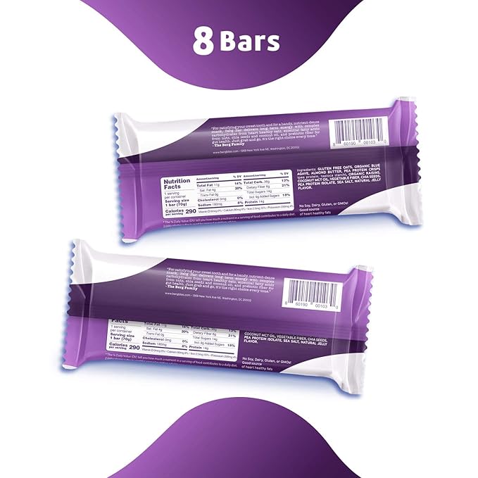 Berg Oat N' Energy Bar | Almond Butter Jelly | Plant Based Protein Bar | Non-GMO, Gluten Free, Nut Free and Vegan | Low Sugar, Healthy Snack Bar | High Fiber | On The Go | 2.5oz (8 Packs)