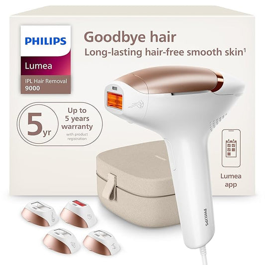 Philips Lumea 9000 Series IPL Hair Removal Device - Permanent Visible Hair Reduction Done at Home, SenseIQ Technology, 4 Attachments for Body, Face, Bikini & Underarms, for Women & Men, BRI984/03