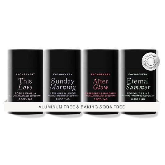 Each & Every All Natural Deodorant for Women & Men - Sensitive Skin, Plant-Based Aluminum-Free Deodorant, Travel Size - Multiple Scents (4 Pack, 0.8oz)