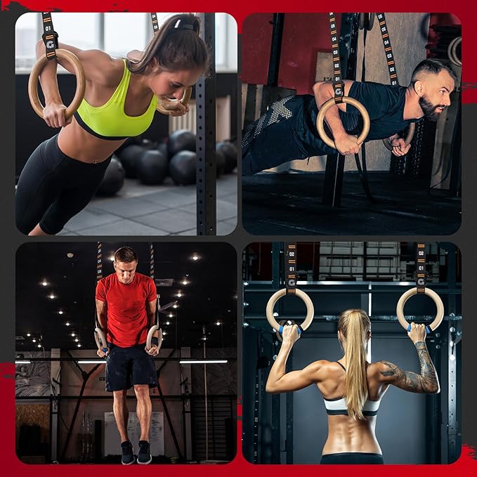 Gonex Wooden Gymnastic Rings with Adjustable Number Straps, Olympic Rings for Gym, Workout, Exercise, Outdoor Training, Quick Install Carabiner, 8.5 ft Straps Pull Up Non-Slip Rings