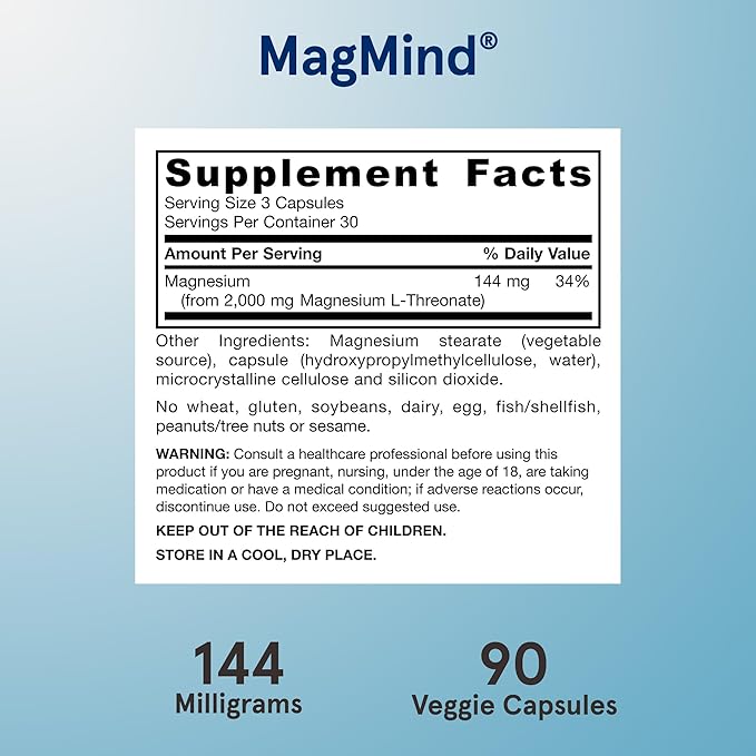 Jarrow Formulas MagMind - 90 Capsules - Includes Magnesium L-Threonate (Magtein) - Supports Brain Health & Function - 30 Servings