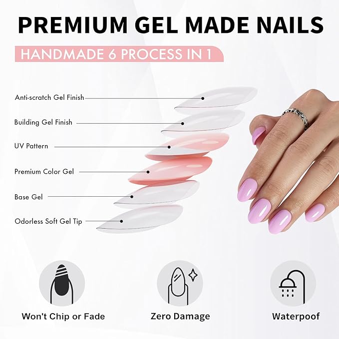 Pink Press on Nails Oval for Women Gift - Soft Gel Press on Nails Short with Glue, Fit Perfectly & Natural Glue on Nails in 16 Sizes - 32 Reusable Fake Nails, Pink