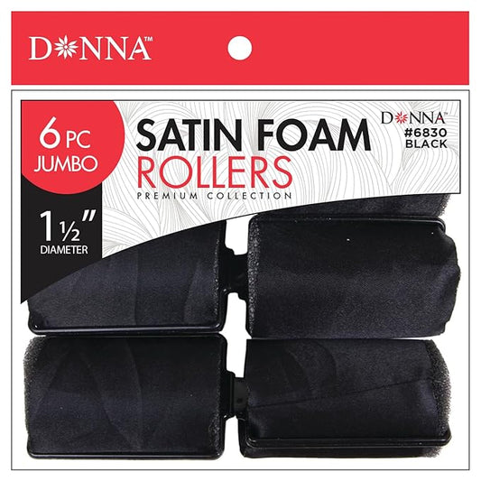 DONNA Silky Sastin Foam 1.5"(D) JUMBO 6PCS Hair Rollers for Heatless Styling - Hair Curlers and Clips Included - Lightweight and Durable Foam Rollers for Hairdressing - BLACK