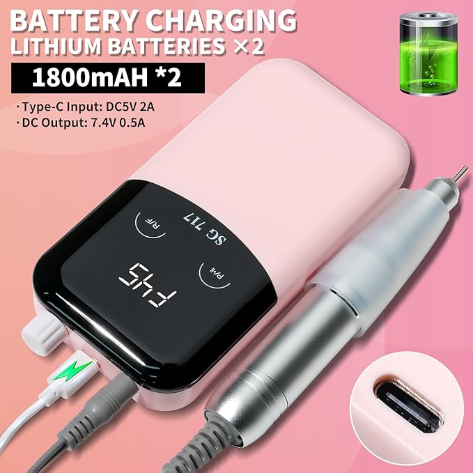 LIMEGIRL Professional Electric Nail File Drill Bits Kit 45000RPM for Acrylic Toenail Machine Clippers with 14 Drill Bit Pink Portable Rechargeable Cordless