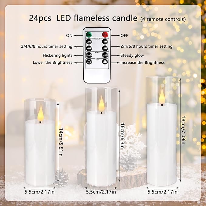 Flickering Flameless LED Candles, 24 Pcs Battery Operated Acrylic LED Pillar Candles with 4 Remote Controls & Timer Function - Safe for Home, Wedding, Outdoor Decor, Halloween, Christmas Party.